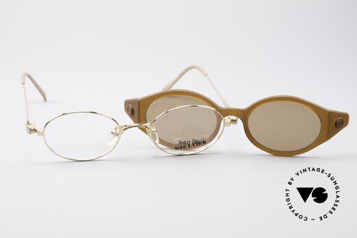 Jean Paul Gaultier 56-7202 Ovale Brille mit Sonnenclip, KEINE Retrobrille, sondern ein kostbares altes Original, Passend für Herren und Damen