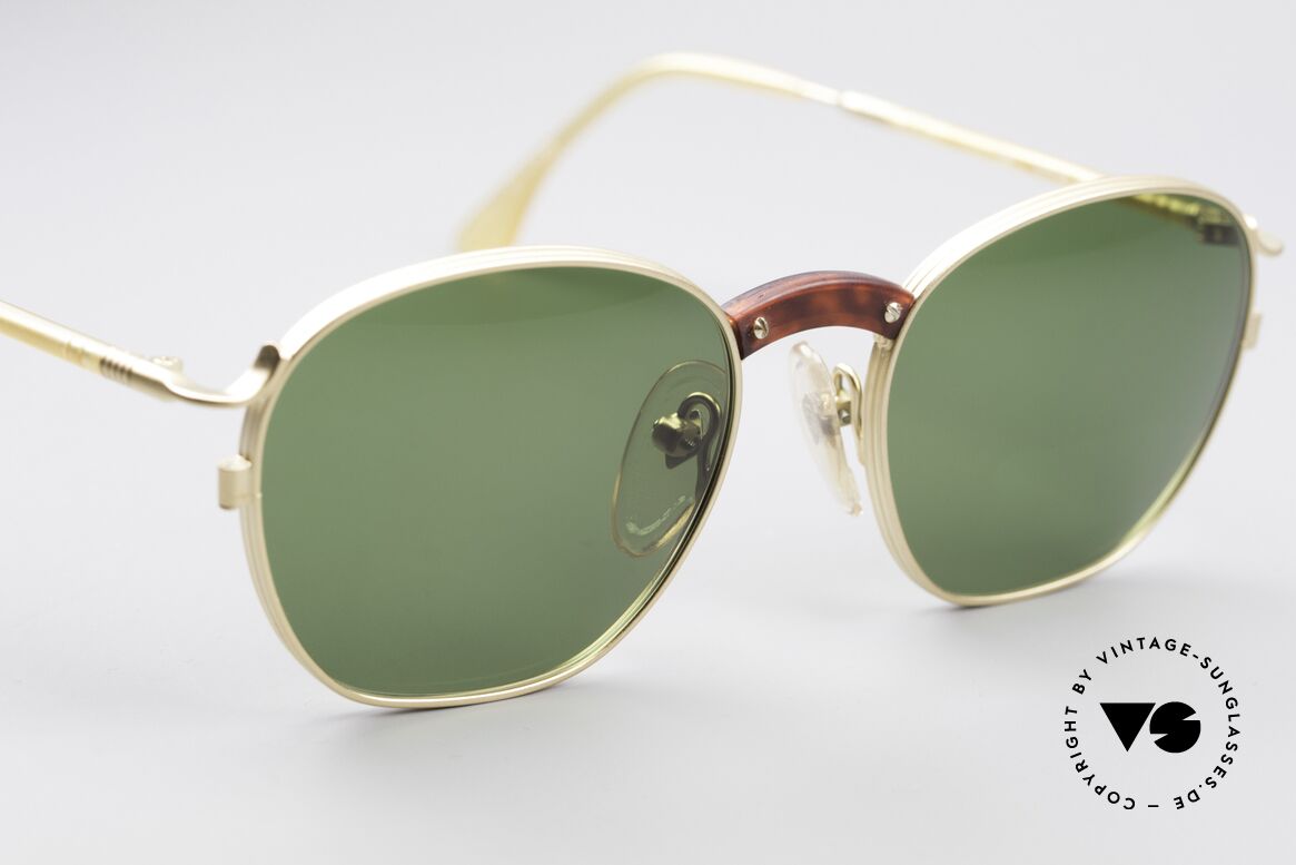 Jean Paul Gaultier 55-1271 Vergoldete 90er Sonnenbrille, klassische Brillenform mit grasgrünen Sonnengläsern, Passend für Herren und Damen