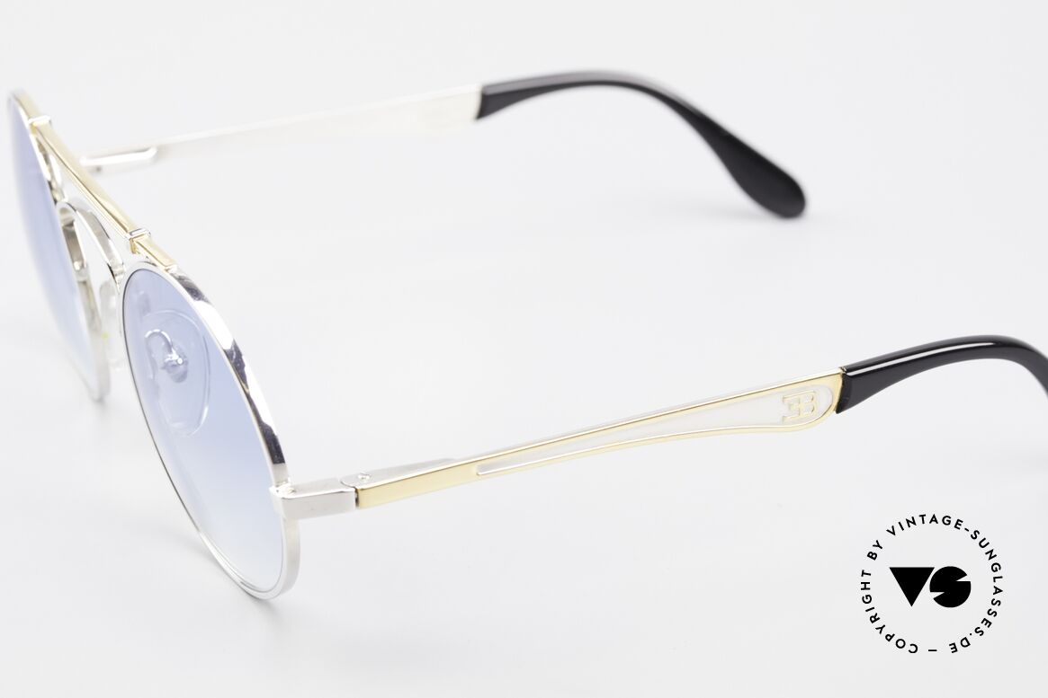 Bugatti 11709 80er Luxus Sonnenbrille Rund, edler Rahmen gold/silber; Brücke wie eine Blattfeder, Passend für Herren