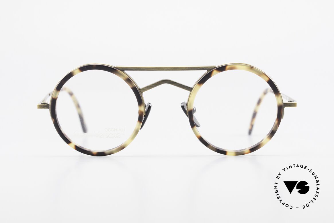 Gianni Versace 620 Runde 90er Vintage Brille, geometrische Elemente mit markanter Doppelbrücke, Passend für Herren und Damen