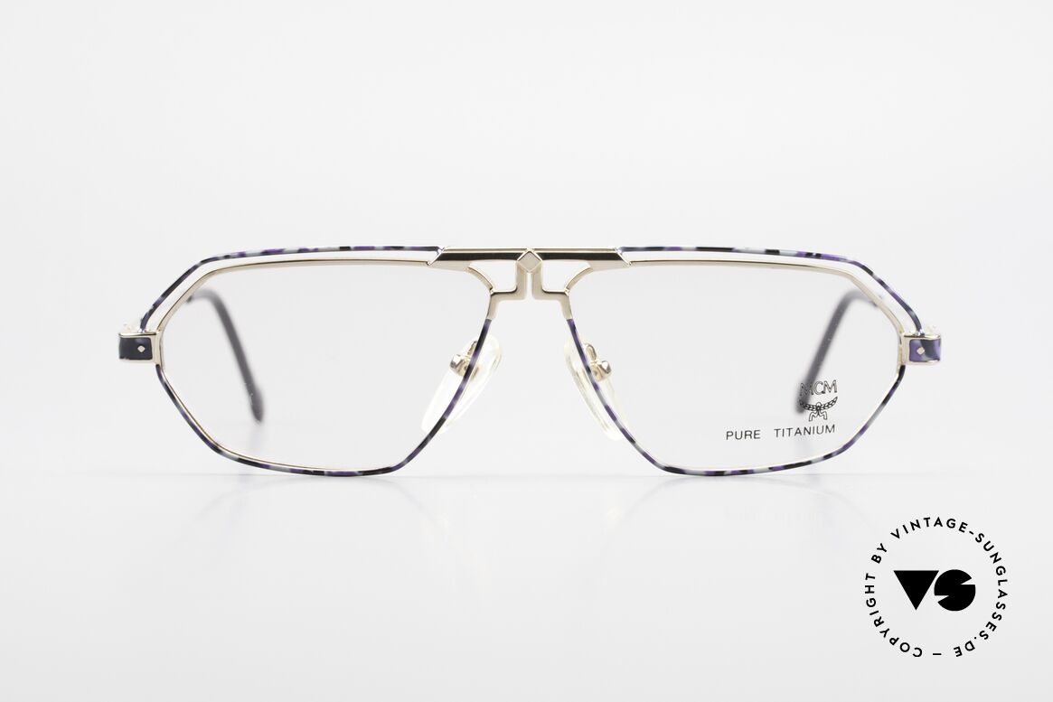 MCM München 13 Titanium Brille Blau Gemustert, alte MCM Designer-Brillenfassung aus den 90ern, Passend für Herren und Damen