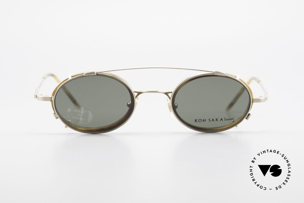 Koh Sakai KS9831 90er Brille Made in Japan Oval, alte vintage Koh Sakai Brille mit Sonnen-Clip von 1997, Passend für Herren Koh Sakai KS9831 90er Brille Made in Japan Oval, alte vintage Koh Sakai Brille mit Sonnen-Clip von 1997, Passend für Herren