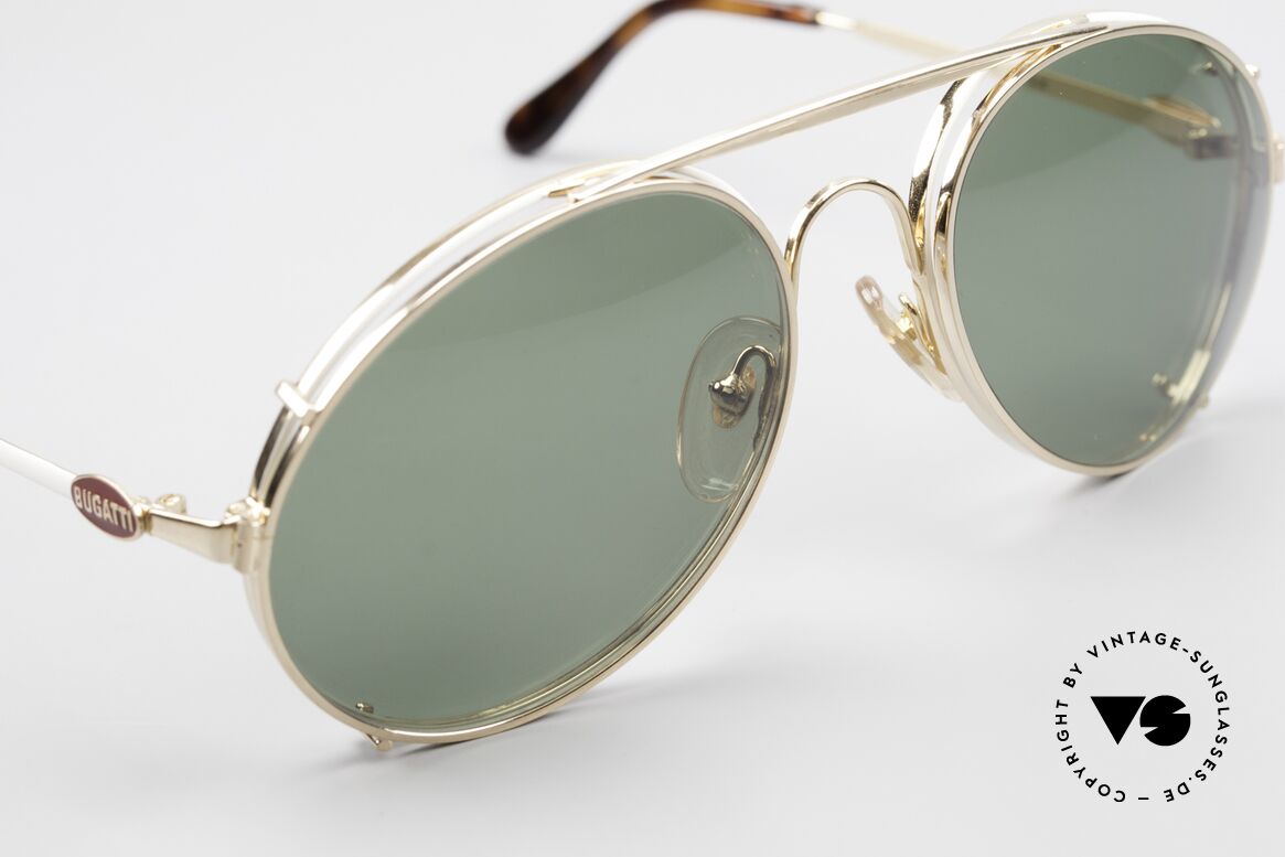 Bugatti 65987 80er Vintage Brille Mit Clip On, vergoldeter Vorhänger mit grünen Sonnengläsern, Passend für Herren