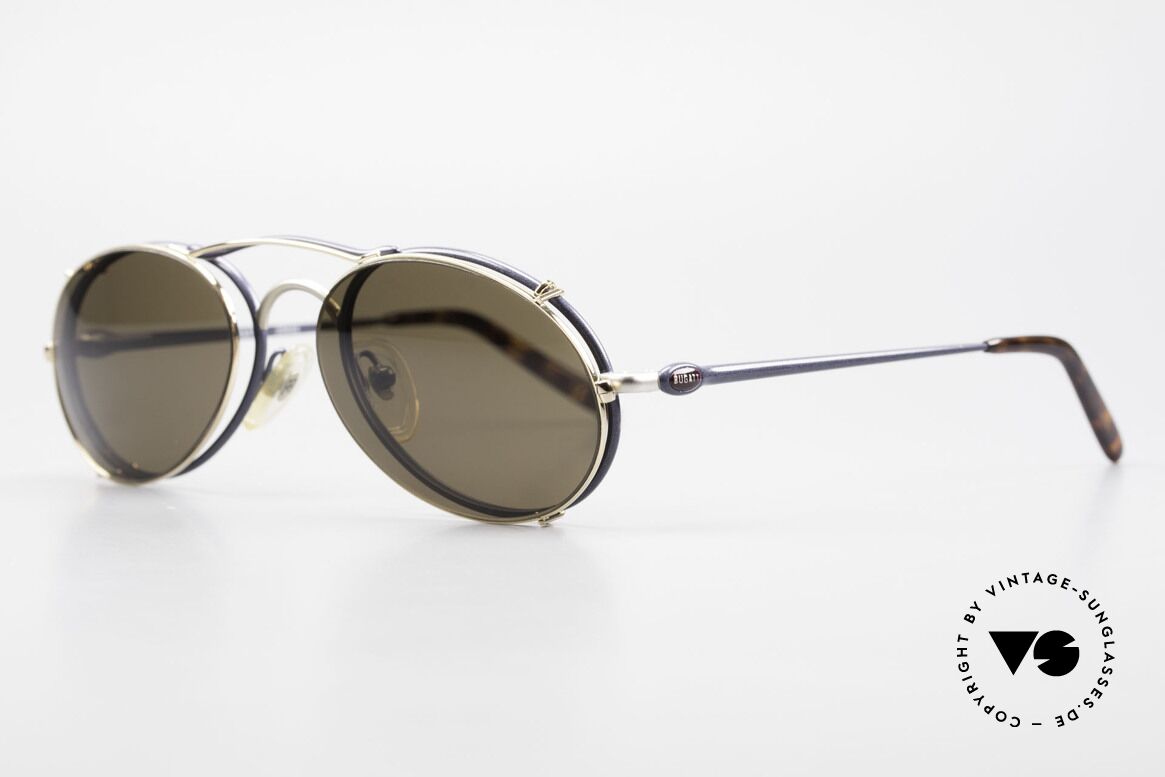 Bugatti 23444 Alte 90er Brille mit Vorhänger, toller Farbkontrast zw. Fassung (53/20) und Clip-On, Passend für Herren