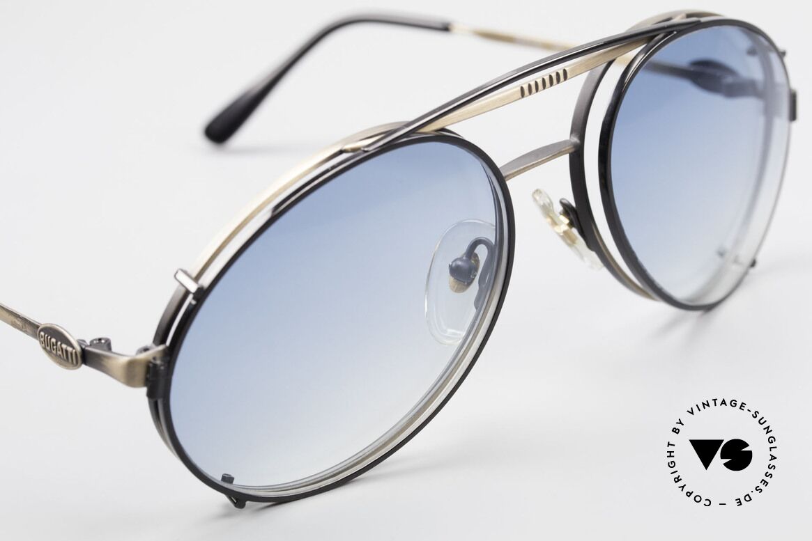 Bugatti 65282 Vintage Brille Mit Vorhänger, schwarzer SonnenClip mit blau-Verlauf Gläsern, Passend für Herren