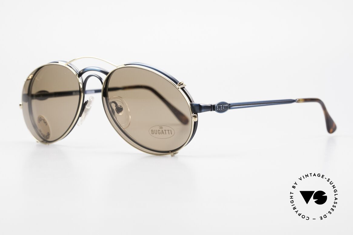 Bugatti 03328 Clip On Herrensonnenbrille, Rahmen in "antik blau" und Clip in GOLD; sehr edel!, Passend für Herren