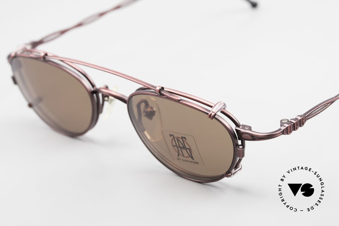 Jean Paul Gaultier 57-0006 Rare Vintage Brille 90er Clip On, Rahmen glänzt in 'antik weinrot metallic'; Größe 47-19, Passend für Herren und Damen