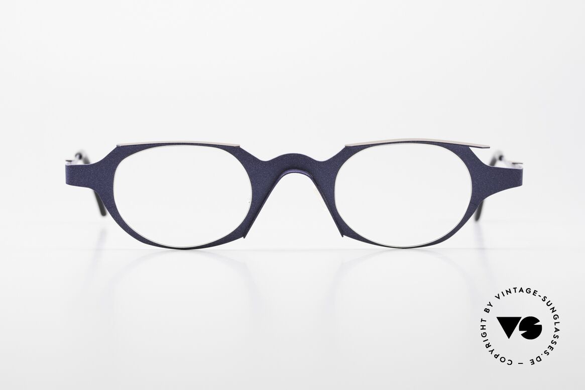 Theo Belgium Eye-Witness OB Avantgarde Damenbrille 90er, sehr interessante vintage Designerbrille in dunkelblau, Passend für Damen