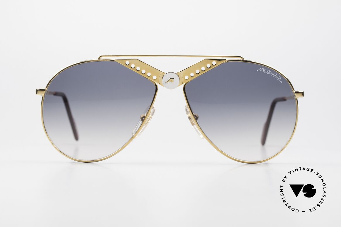 Alpina M52 Rare 80er Sonnenbrille Aviator, vergoldeter Rahmen mit markantem Alpina Logo, Passend für Herren