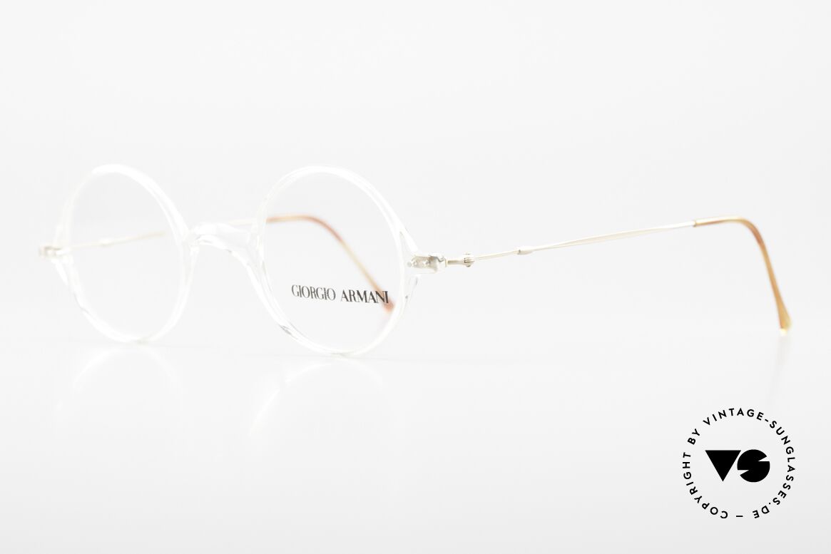 Giorgio Armani 365 Runde Brille 90er Kristall, kristallklare Front mit fein verzierten Draht-Bügeln, Passend für Herren und Damen
