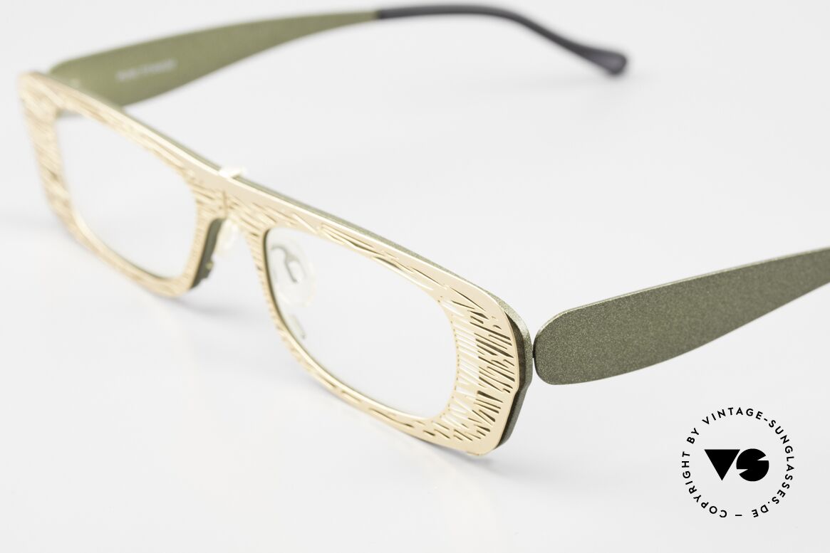 Theo Belgium Eye-Witness PJ Titanbrille Clip-On Front, dunkelgrüner Titan-Rahmen mit Clip-On Front in gold, Passend für Damen