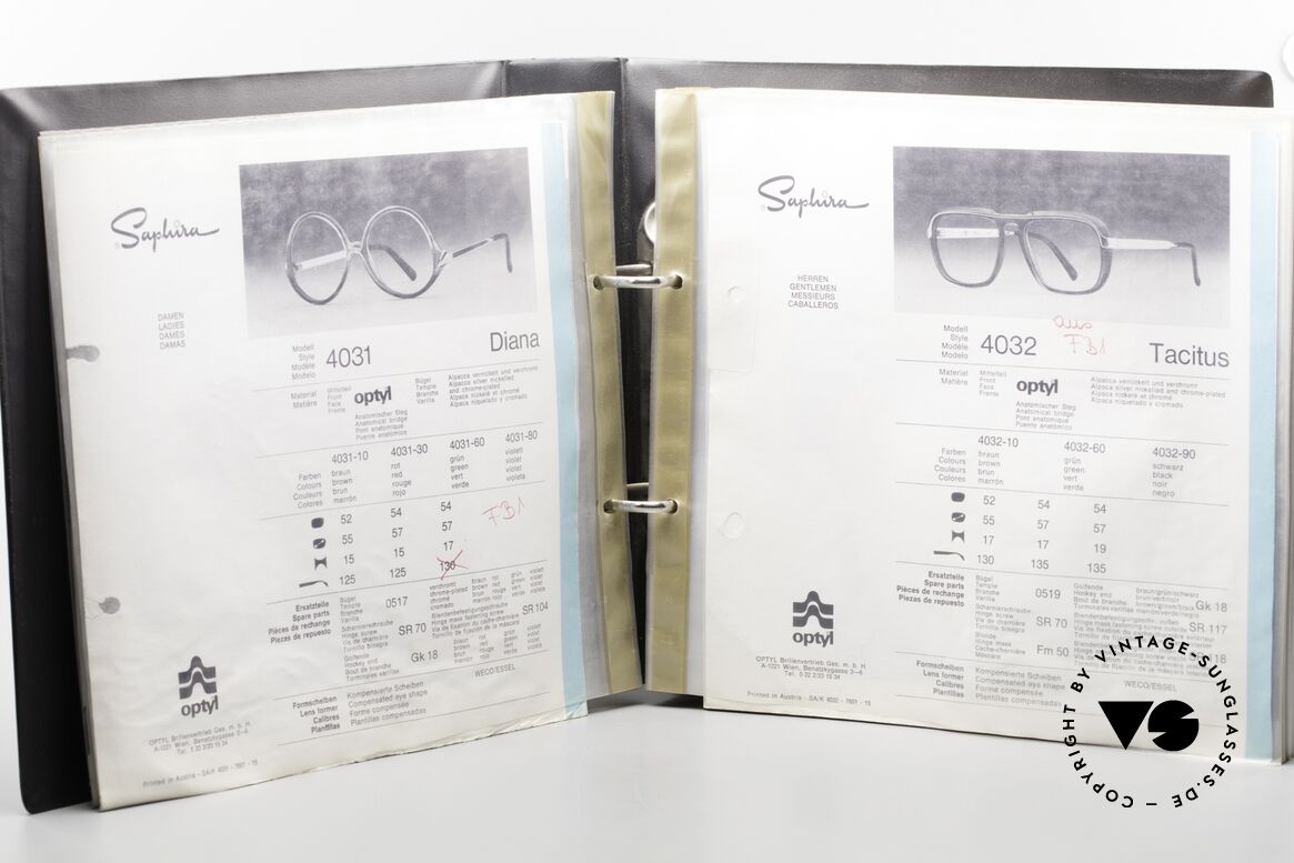 Optyl Catalog Saphira Brilleninfos Für Fachleute, Porsche, Dunhill, P. Picasso, Viennalina, Saphira,, Passend für Herren und Damen