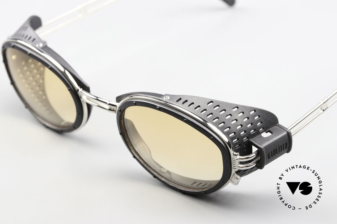 Jean Paul Gaultier 56-6201 90er Steampunk Designerbrille, silber-chrome & schwarze Gletscher-Seitenblenden, Passend für Herren und Damen