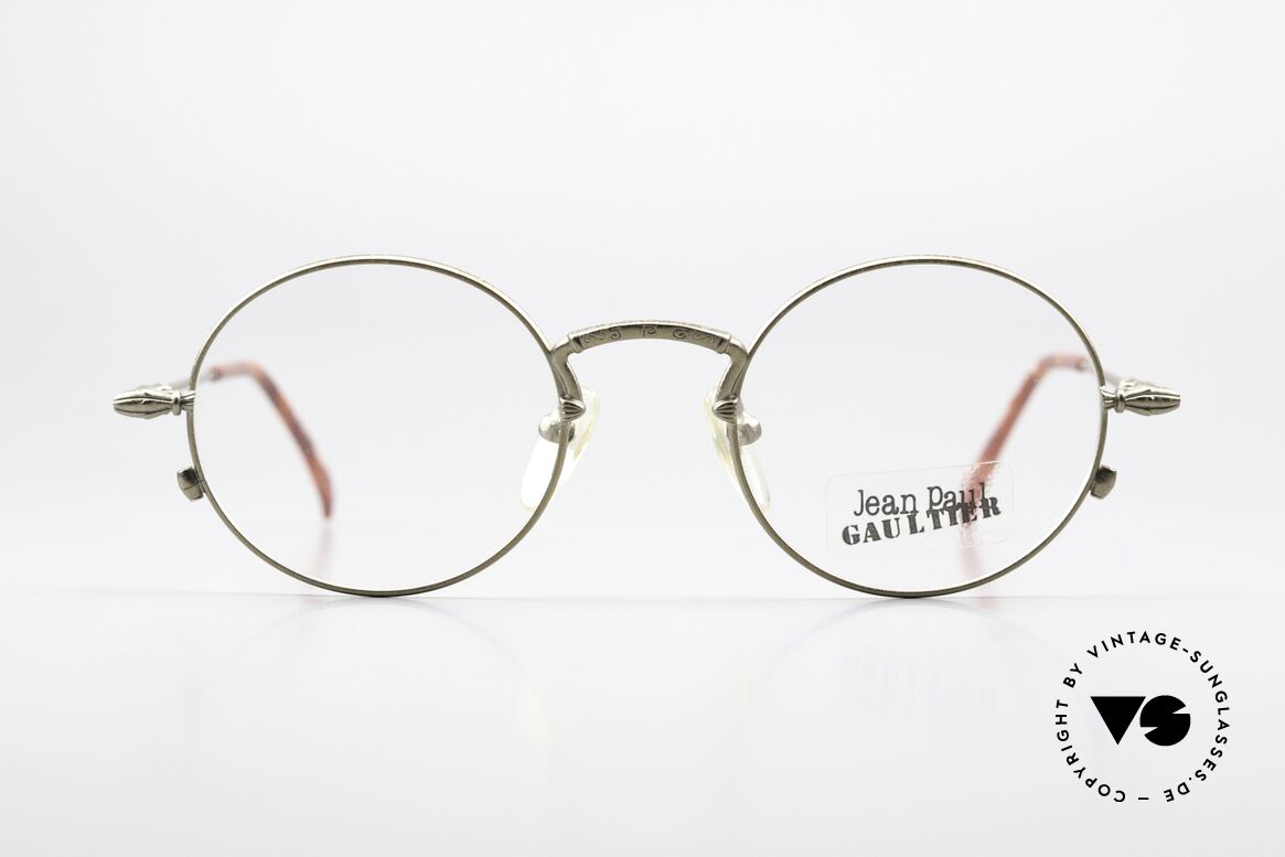 Jean Paul Gaultier 55-4171 90er Designerbrille Antik Gold, rund-ovale Metallfassung mit dezent verzierten Bügeln, Passend für Herren und Damen