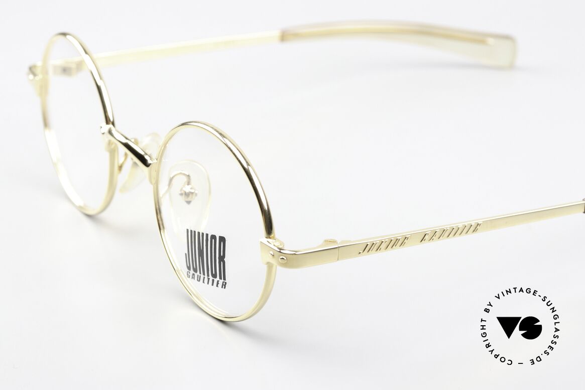 Jean Paul Gaultier 57-0173 Vergoldete Vintage Brille, klassisch rund & "Junior Gaultier" auf den Bügeln, Passend für Herren und Damen