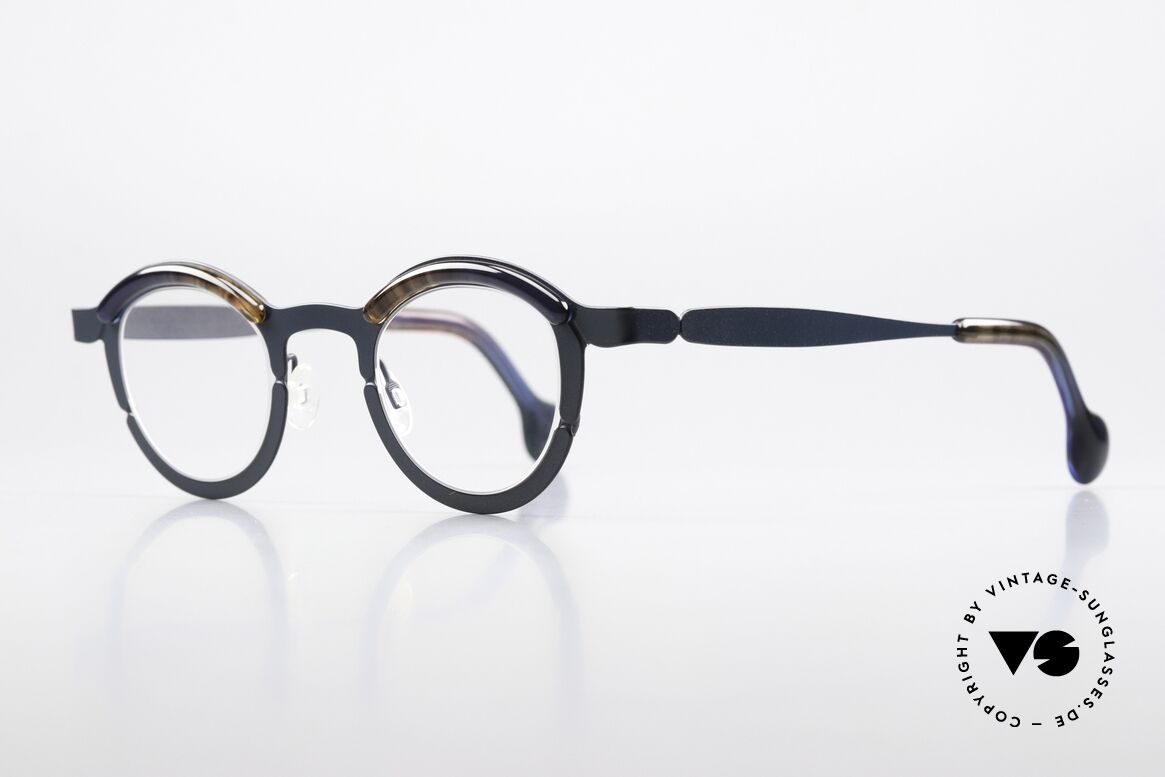 Theo Belgium Piece Runde Brille Unisex Panto, tolle Unisex-Brille in dunkelblau / "wurzelholz", Passend für Herren und Damen