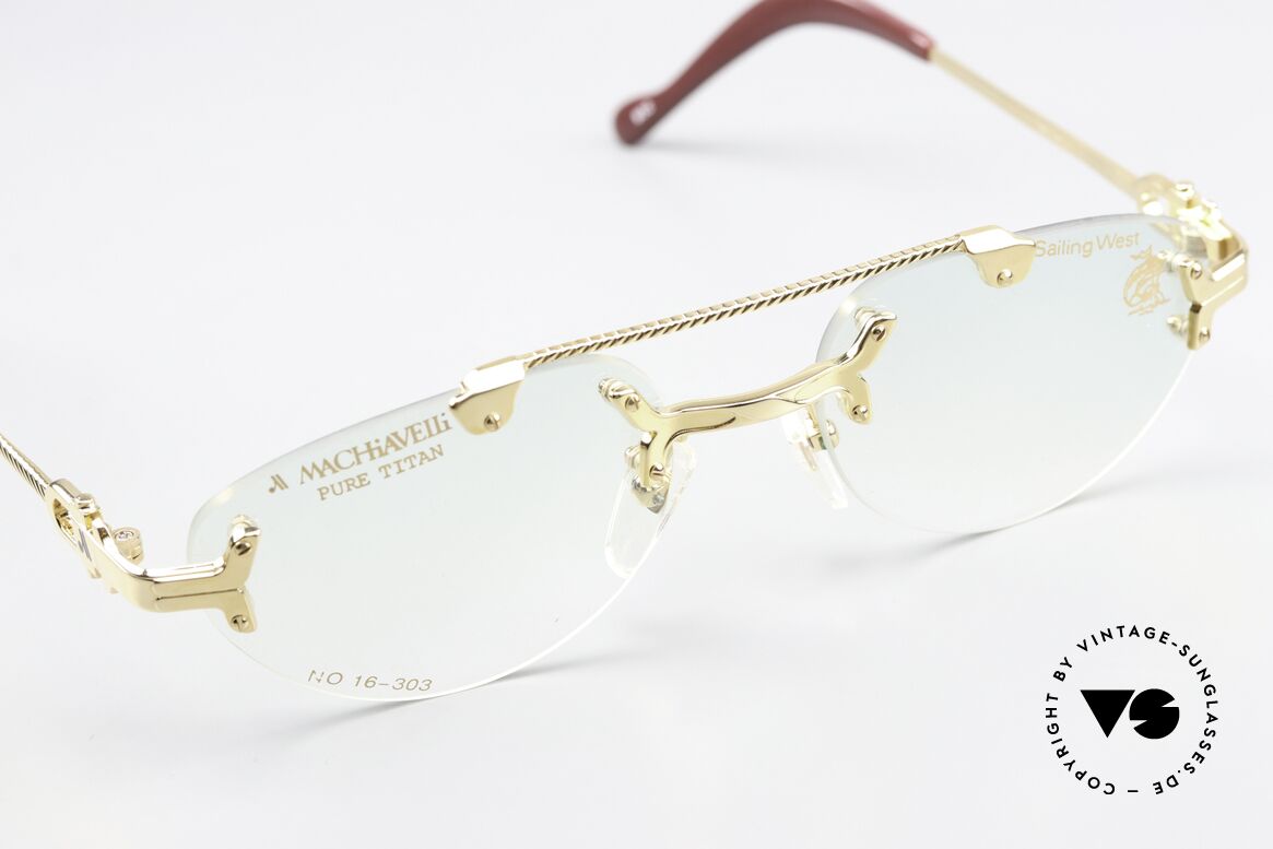 Machiavelli 16-303 Brille Auffällig Vintage 80er, herausragende Qualität (vergoldeter Titanium-Rahmen), Passend für Herren und Damen