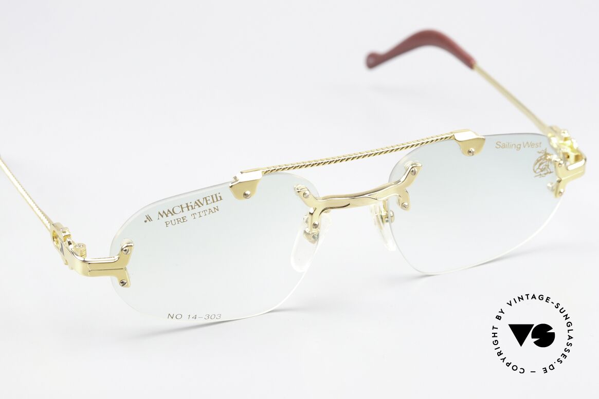 Machiavelli 14-303 Opulente 80er Brille Randlos, herausragende Qualität (vergoldeter Titanium-Rahmen), Passend für Herren