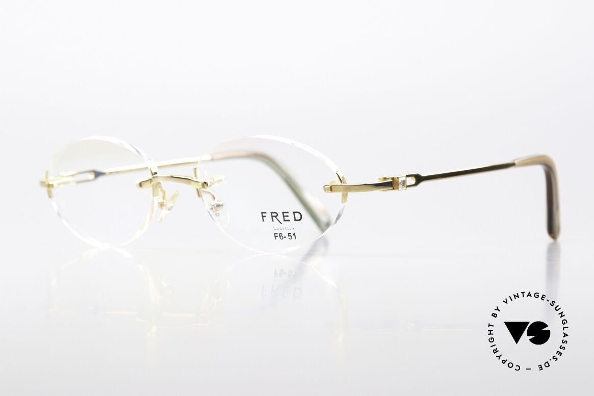 Fred Prestige Zirconium Edelstein Randlosbrille 90er, mit zwei weißen, funkelnden Zirkonen als Bügeldekor, Passend für Herren und Damen
