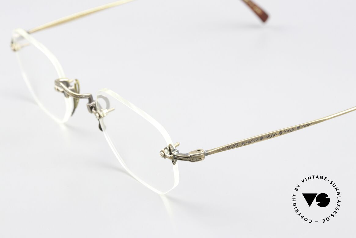 Matsuda 2864 90s Brille Randlos Antik Gold, komplette Front ist mit aufwändigen Gravuren verziert, Passend für Herren und Damen