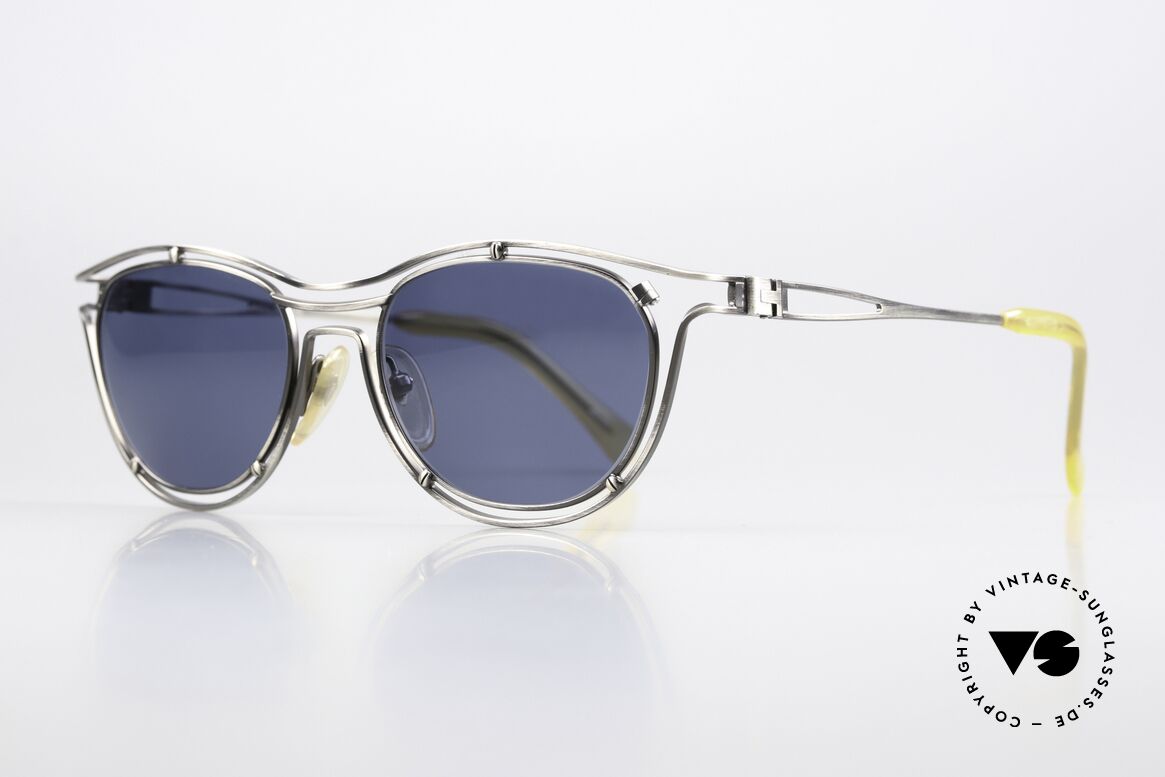 Jean Paul Gaultier 56-2176 Echte Designer Sonnenbrille, gebürstetes Titan mit dunkelblauen Sonnengläsern, Passend für Herren und Damen