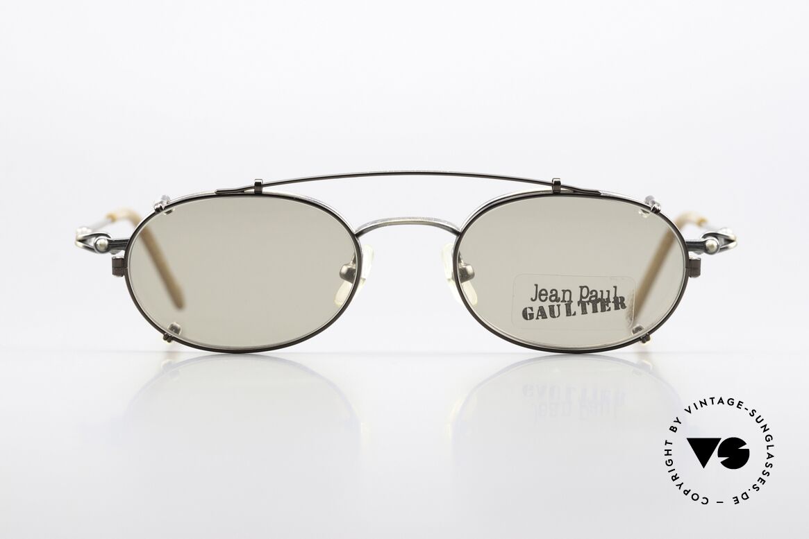 Jean Paul Gaultier 55-0012 Vintage Brille Mit Sonnenclip, oval Fassung in "antique smoke silver" in Größe 46-19, Passend für Herren und Damen