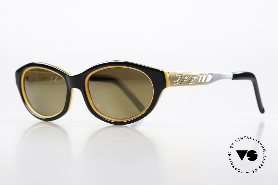 Jean Paul Gaultier 58-7204 Gold Verspiegelte Brille 1999, Azetat-Front in schwarz und gold mit Metallbügeln, Passend für Herren und Damen