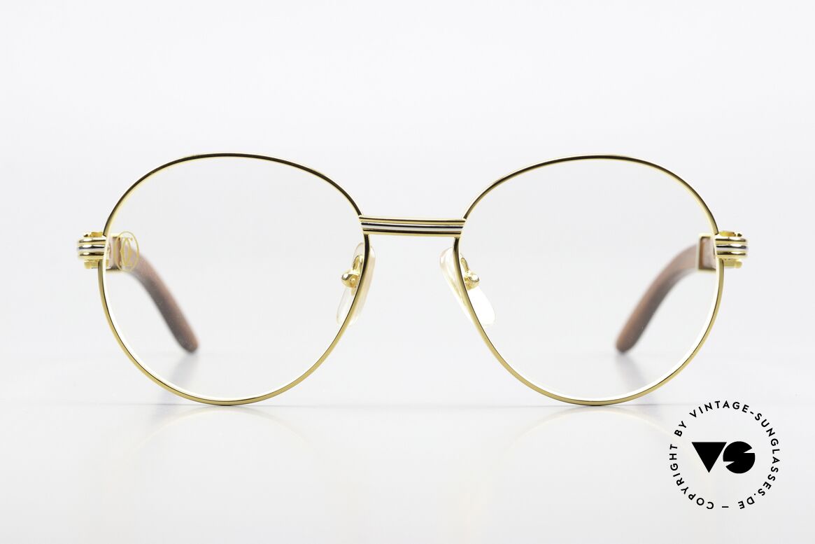 Cartier Bagatelle Runde Holzbrille 90er Jahre, aus Palisander-Holz gefertigt in Größe 55°18mm, Passend für Herren und Damen