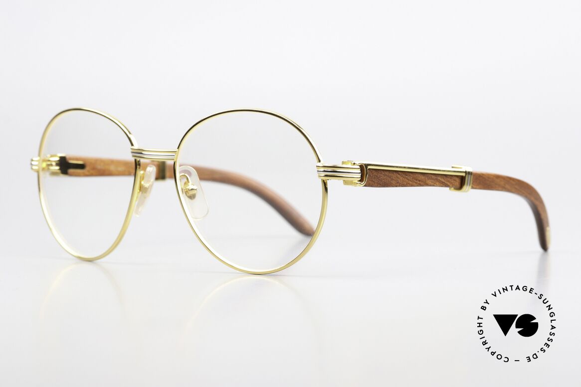 Cartier Bagatelle Runde Holzbrille 90er Jahre, kostbare Rarität der teuren 'Precious Wood' Serie, Passend für Herren und Damen