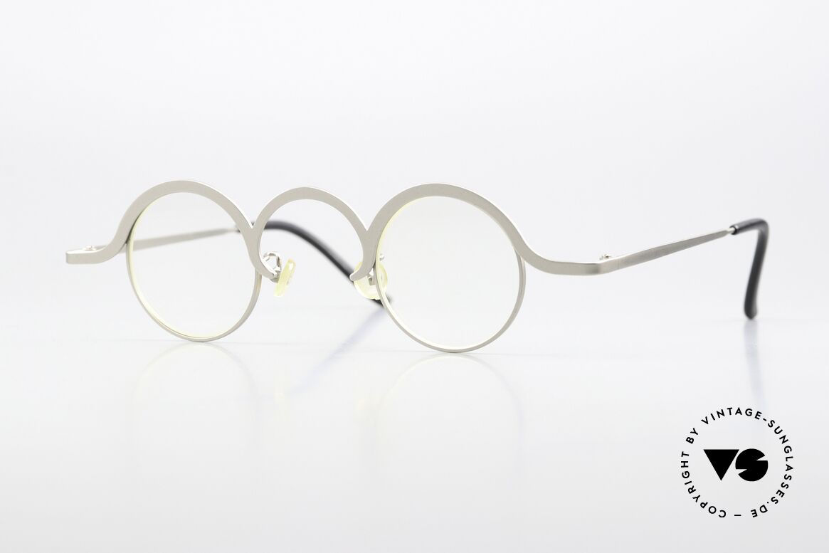 Theo Belgium Feu Kunstvolle Designerbrille 90s, rare vintage Theo Belgium Brille in silber-grau, Passend für Herren und Damen
