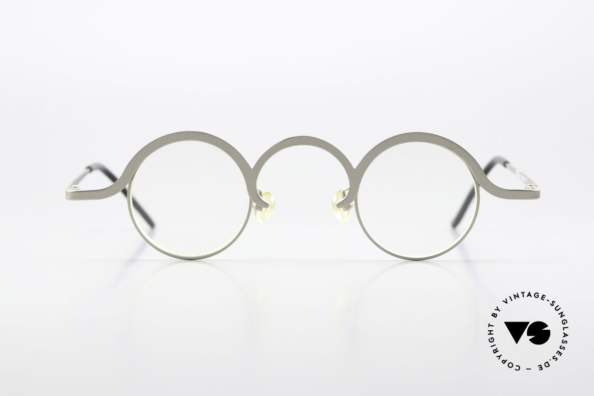 Theo Belgium Feu Kunstvolle Designerbrille 90s, rundes Unisex-Modell von 1996 in Größe 34/29, Passend für Herren und Damen
