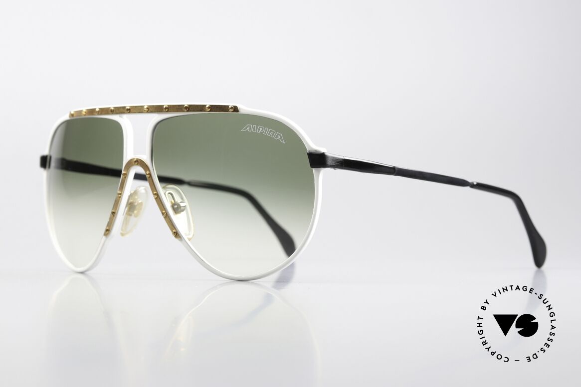 Alpina M1 80er Limited Weiss Gold Schwarz, Sonnengläser in grün-Verlauf mit ALPINA Logo, Passend für Herren und Damen