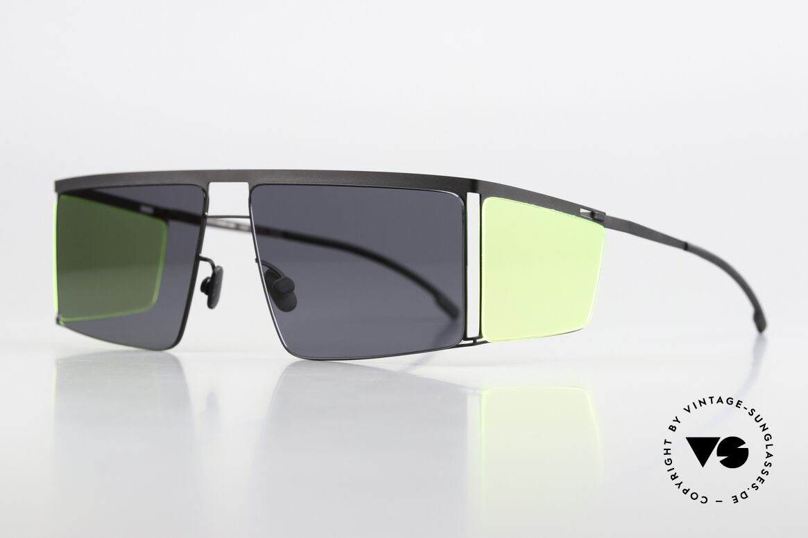 Mykita Helmut Lang HL001 Black With Fluo Yellow Sides, eine minimalistisch-avantgardistische Sonnenbrille, Passend für Herren und Damen Mykita Helmut Lang HL001 Black With Fluo Yellow Sides, eine minimalistisch-avantgardistische Sonnenbrille, Passend für Herren und Damen