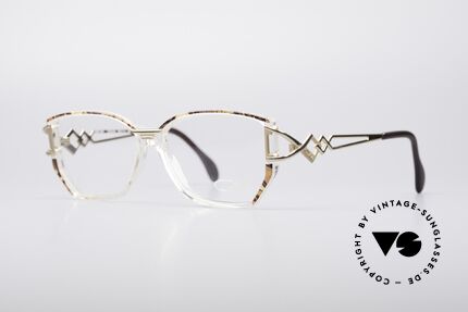 Cazal 367 90er Vintage Brille No Retro, kristallklarer Rahmen mit Muster in braun und gold, Passend für Damen