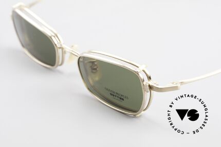 Oliver Peoples OP585 90er Vintage Brille Mit Clip On, vergoldeter Rahmen + Sonnen-Clip mit grünen Gläsern, Passend für Herren und Damen