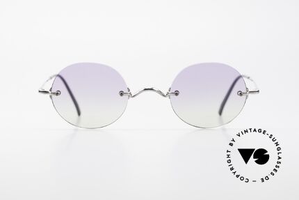 Freudenhaus Flemming Runde Sonnenbrille Randlos, silberne Metallfassung aus den 90ern, made in Japan, Passend für Herren und Damen