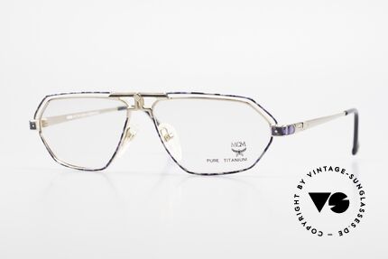 MCM München 13 Titanium Brille Blau Gemustert, alte MCM Designer-Brillenfassung aus den 90ern, Passend für Herren und Damen