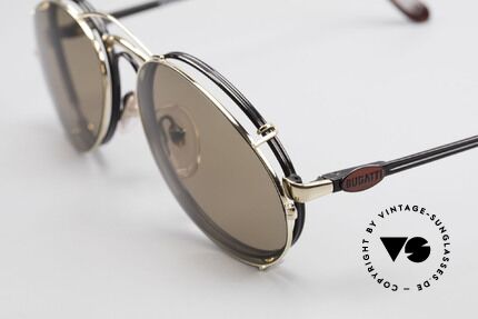 Bugatti 03326 80er Sonnenbrille Clip On Men, schwarze Fassung, rotes Logo, Clip in gold; sehr edel, Passend für Herren