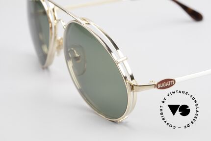 Bugatti 65987 80er Vintage Brille Mit Clip On, Fassung vergoldet/weiss mit roten Logos, Gr. 56, Passend für Herren