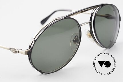 Bugatti 65282 Vintage Herren Brille 1980er, schwarzer SonnenClip mit dunkelgrünen Gläsern, Passend für Herren