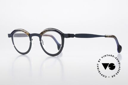 Theo Belgium Piece Runde Brille Unisex Panto, tolle Unisex-Brille in dunkelblau / "wurzelholz", Passend für Herren und Damen