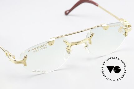 Machiavelli 16-303 Brille Auffällig Vintage 80er, herausragende Qualität (vergoldeter Titanium-Rahmen), Passend für Herren und Damen