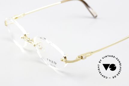 Fred Prestige Zirconium Edelstein Randlosbrille 90er, vergoldete Fassung mit ovalen 'Form 6' DEMO-Gläsern, Passend für Herren und Damen