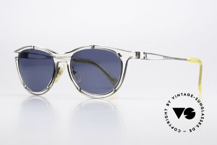 Jean Paul Gaultier 56-2176 Echte Designer Sonnenbrille, gebürstetes Titan mit dunkelblauen Sonnengläsern, Passend für Herren und Damen