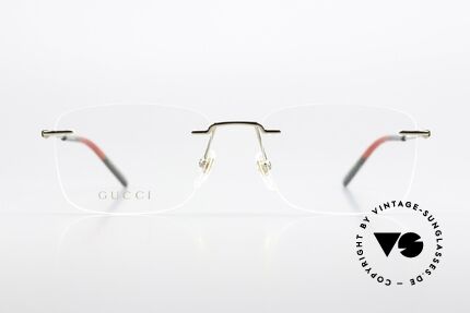 Gucci GG0399O Randlosbrille Made In Italy, goldene Rahmenfront & Bügel in den Gucci-Farben, Passend für Herren