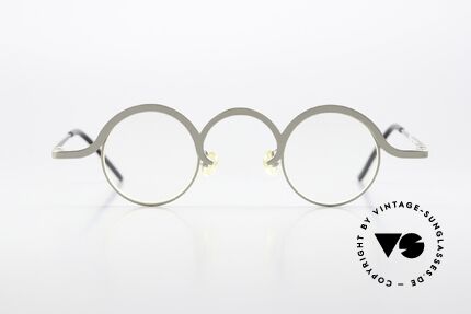 Theo Belgium Feu Kunstvolle Designerbrille 90s, rundes Unisex-Modell von 1996 in Größe 34/29, Passend für Herren und Damen